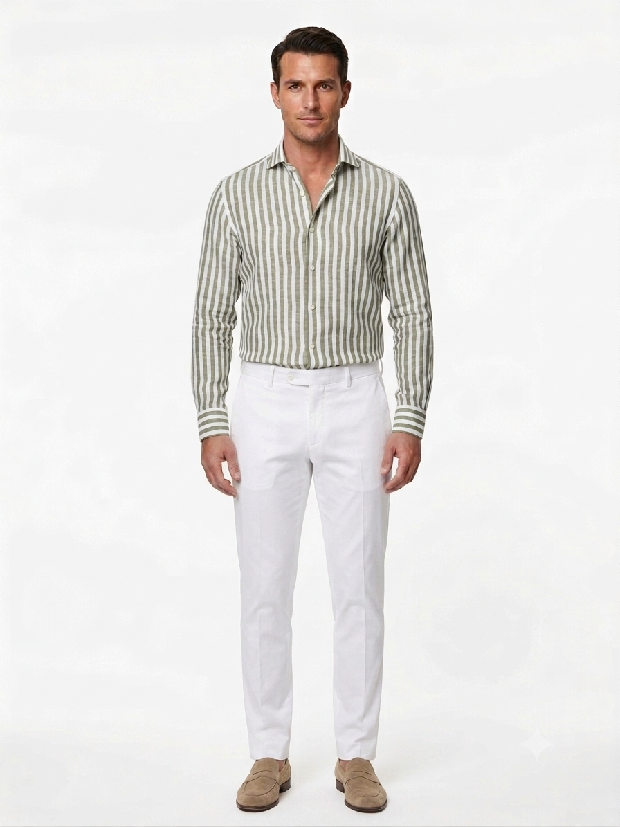 CAMICIA DI LINO BACCHETTATO VERDE
