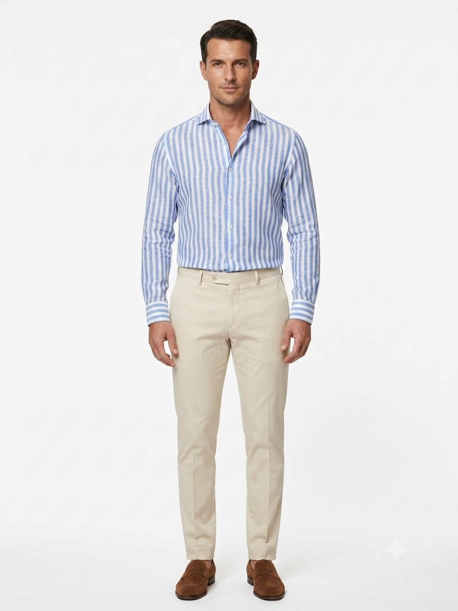 CAMICIA DI LINO BACCHETTATO CELESTE