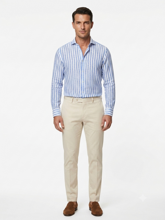 CAMICIA DI LINO BACCHETTATO CELESTE