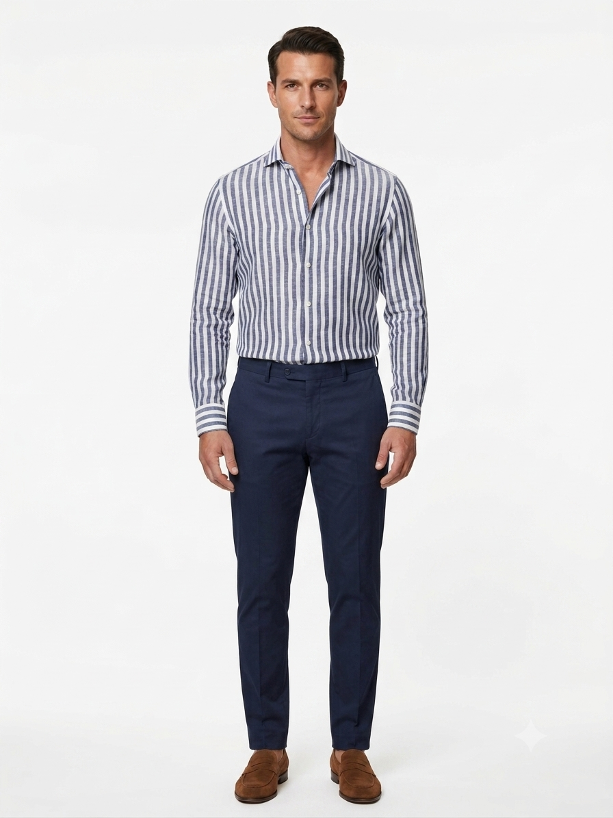 CAMICIA DI LINO BACCHETTATO NAVY